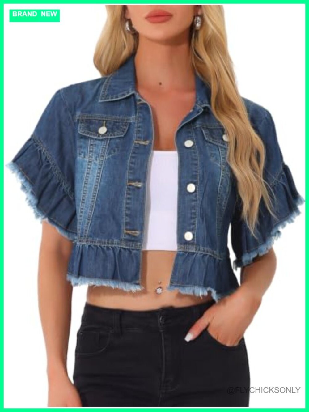 Ruffle Short Sleeve Cropped Denim Jacket Peplum Raw Hem
